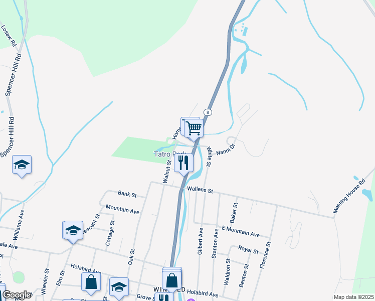 map of restaurants, bars, coffee shops, grocery stores, and more near 345 North Main Street in Winsted