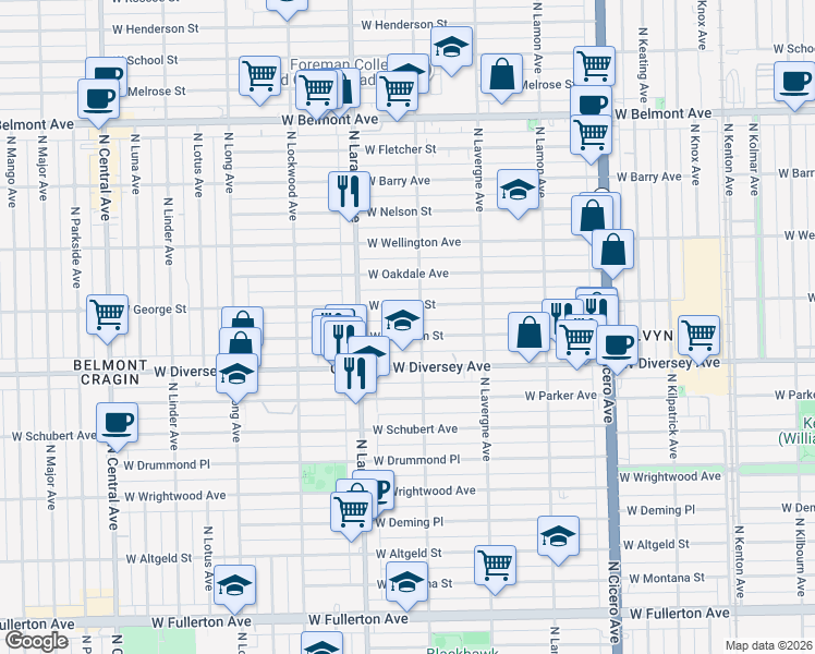 map of restaurants, bars, coffee shops, grocery stores, and more near 5110 West Wolfram Street in Chicago