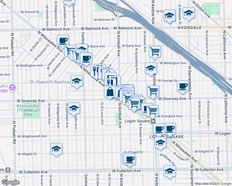 map of restaurants, bars, coffee shops, grocery stores, and more near 2825 North Milwaukee Avenue in Chicago