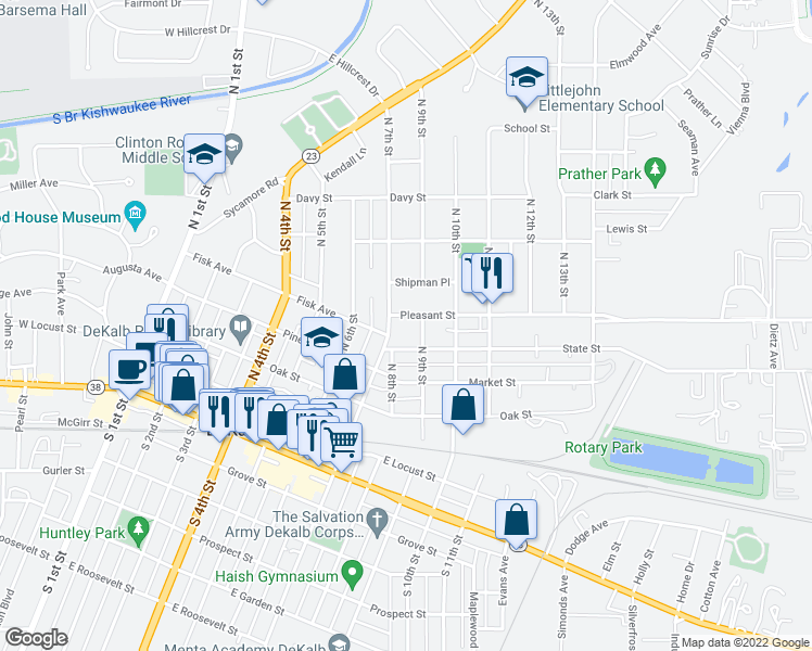 map of restaurants, bars, coffee shops, grocery stores, and more near 816 Pleasant St in DeKalb