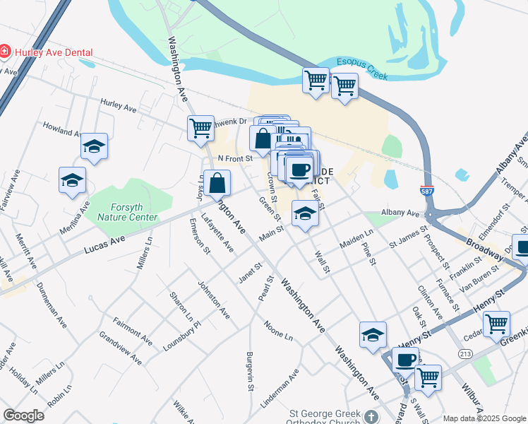 map of restaurants, bars, coffee shops, grocery stores, and more near 115 Green Street in Kingston