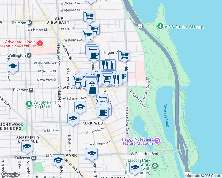 map of restaurants, bars, coffee shops, grocery stores, and more near 452 West Diversey Parkway in Chicago