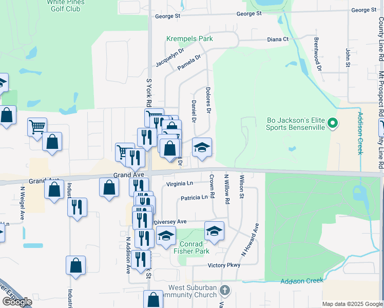 map of restaurants, bars, coffee shops, grocery stores, and more near 133 East Grand Avenue in Bensenville