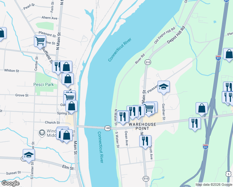 map of restaurants, bars, coffee shops, grocery stores, and more near 12 North Water Street in East Windsor