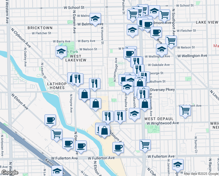 map of restaurants, bars, coffee shops, grocery stores, and more near 1762 West Diversey Parkway in Chicago