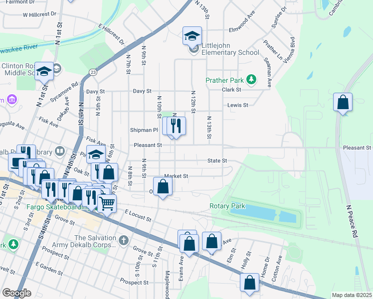 map of restaurants, bars, coffee shops, grocery stores, and more near 1122 Pleasant Street in DeKalb