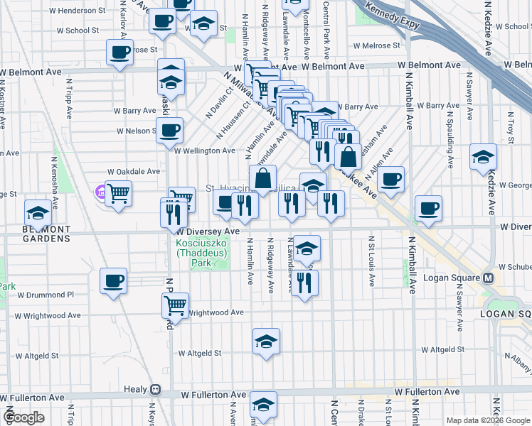 map of restaurants, bars, coffee shops, grocery stores, and more near 2823 North Hamlin Avenue in Chicago