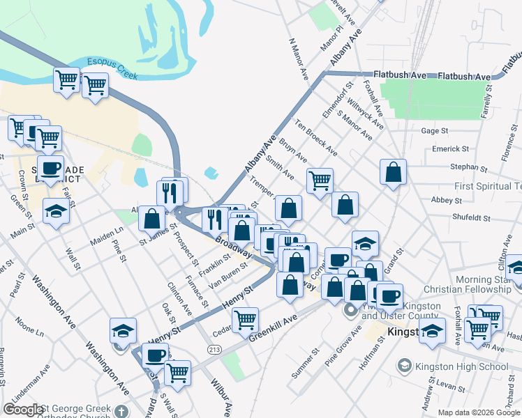 map of restaurants, bars, coffee shops, grocery stores, and more near 52 Elmendorf Street in Kingston