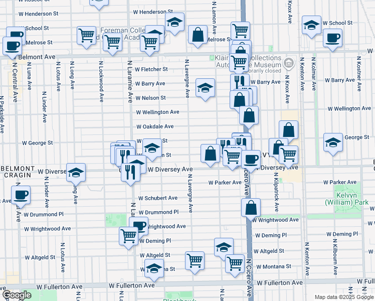 map of restaurants, bars, coffee shops, grocery stores, and more near 5000 West Wolfram Street in Chicago