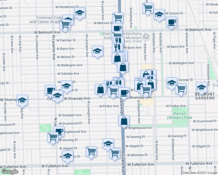 map of restaurants, bars, coffee shops, grocery stores, and more near 4844 West Wolfram Street in Chicago
