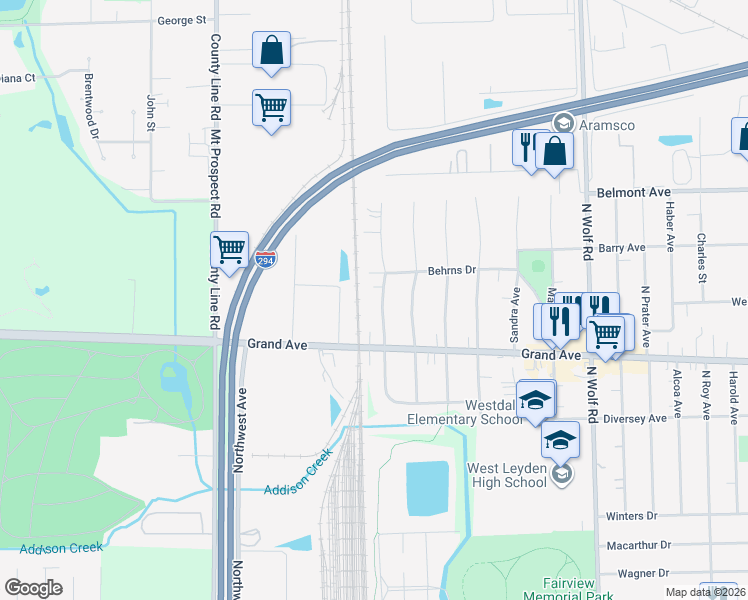 map of restaurants, bars, coffee shops, grocery stores, and more near 3012 Rhodes Avenue in Melrose Park