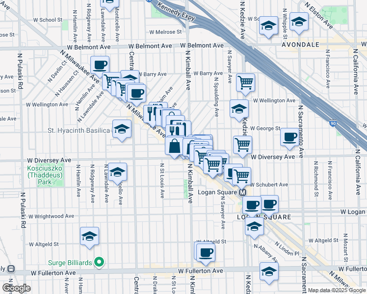 map of restaurants, bars, coffee shops, grocery stores, and more near 2811 North Kimball Avenue in Chicago