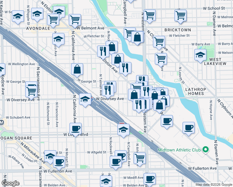 map of restaurants, bars, coffee shops, grocery stores, and more near 2522 West Diversey Avenue in Chicago