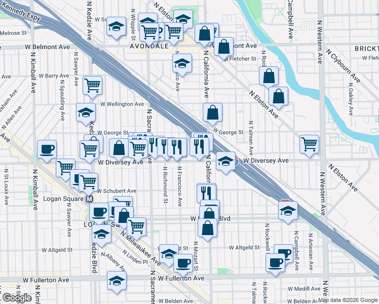 map of restaurants, bars, coffee shops, grocery stores, and more near 2834 West Diversey Avenue in Chicago