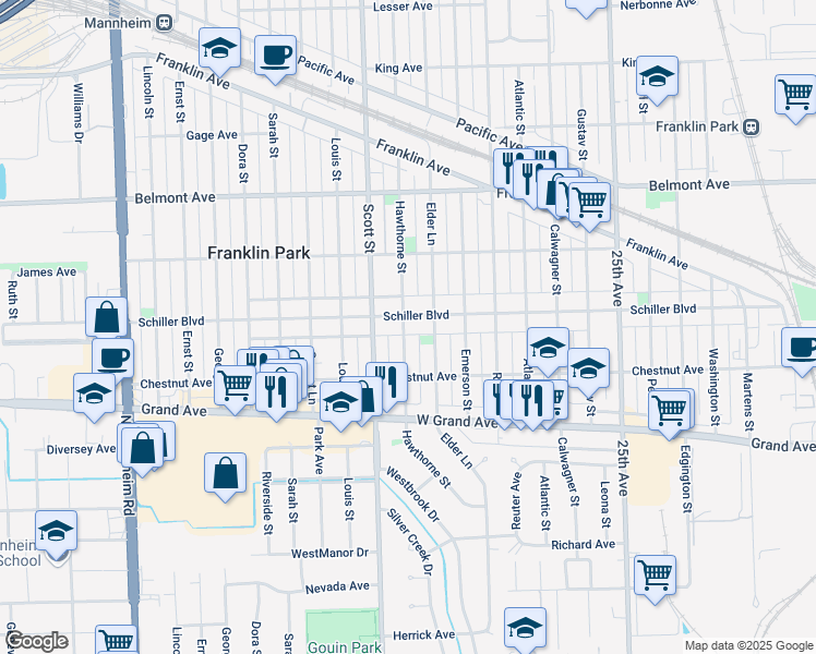 map of restaurants, bars, coffee shops, grocery stores, and more near 9903 Schiller Boulevard in Franklin Park