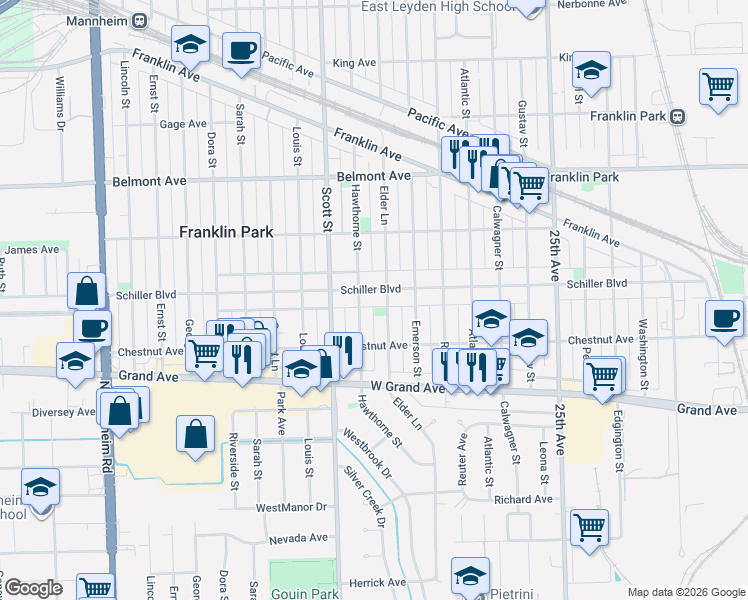 map of restaurants, bars, coffee shops, grocery stores, and more near 9903 Schiller Boulevard in Franklin Park