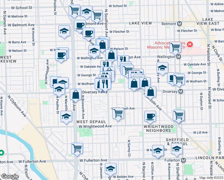 map of restaurants, bars, coffee shops, grocery stores, and more near 1344 West Diversey Parkway in Chicago