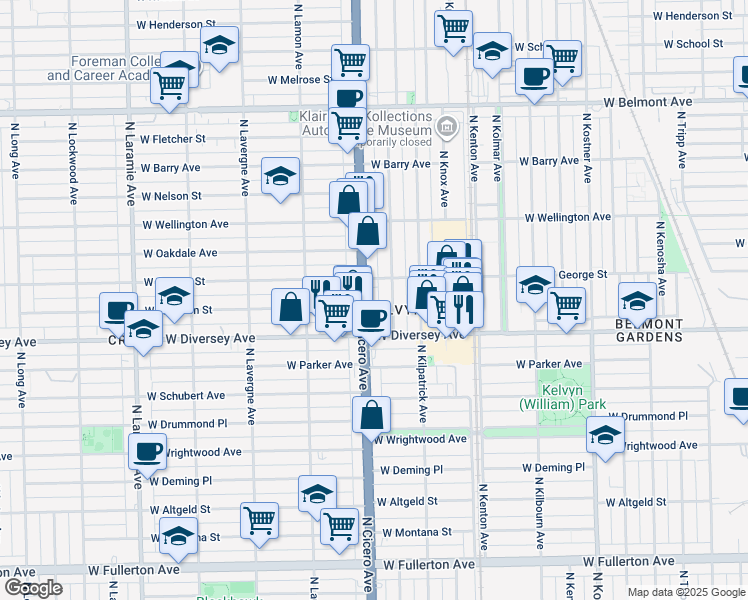 map of restaurants, bars, coffee shops, grocery stores, and more near 2830 North Keating Avenue in Chicago