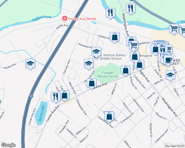 map of restaurants, bars, coffee shops, grocery stores, and more near 116 Merilina Avenue in Kingston