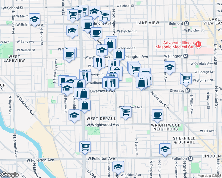 map of restaurants, bars, coffee shops, grocery stores, and more near 1420 West Diversey Parkway in Chicago
