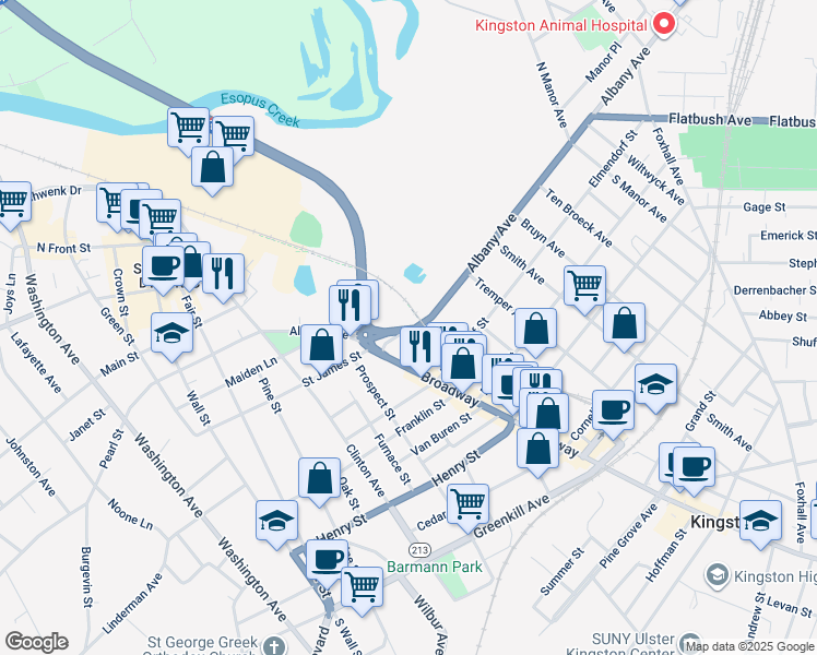map of restaurants, bars, coffee shops, grocery stores, and more near 38 Albany Avenue in Kingston