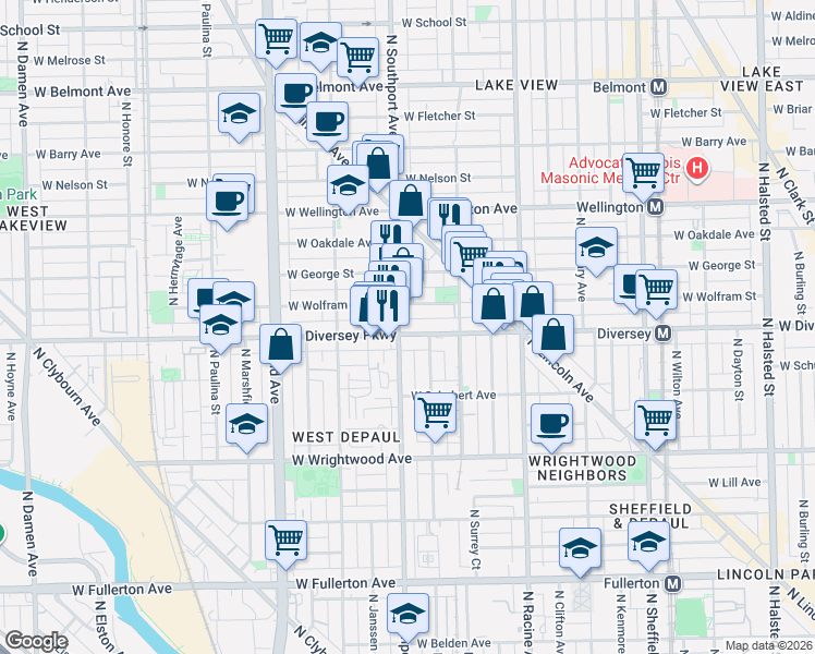 map of restaurants, bars, coffee shops, grocery stores, and more near 1348 West Diversey Parkway in Chicago