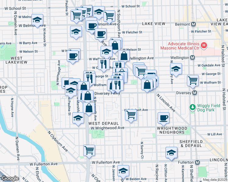 map of restaurants, bars, coffee shops, grocery stores, and more near 1420 West Diversey Parkway in Chicago