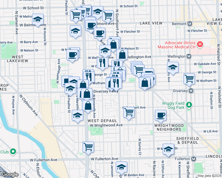map of restaurants, bars, coffee shops, grocery stores, and more near 1420 West Diversey Parkway in Chicago