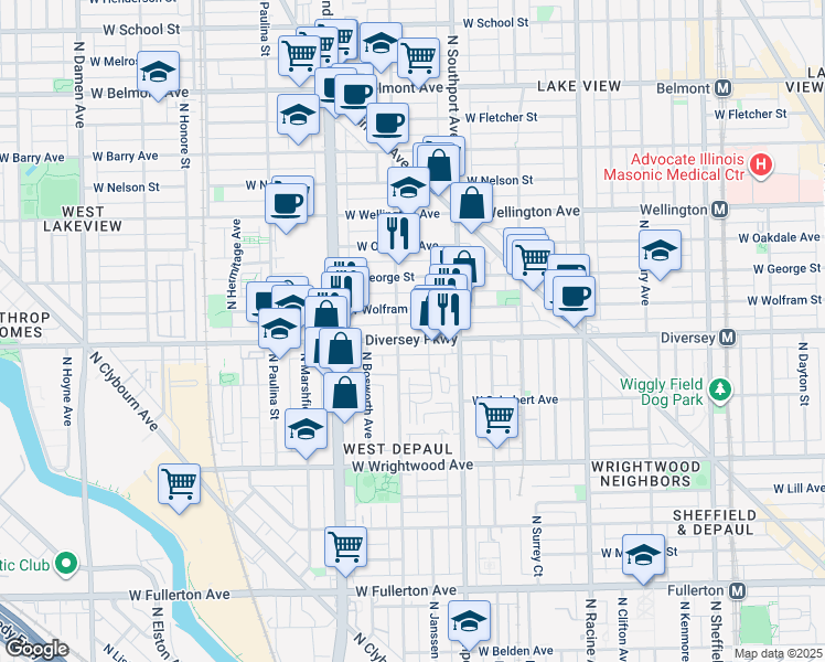 map of restaurants, bars, coffee shops, grocery stores, and more near in Chicago