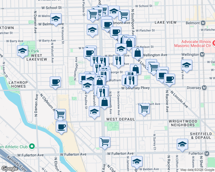 map of restaurants, bars, coffee shops, grocery stores, and more near 1534 West Diversey Parkway in Chicago
