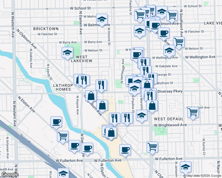 map of restaurants, bars, coffee shops, grocery stores, and more near in Chicago