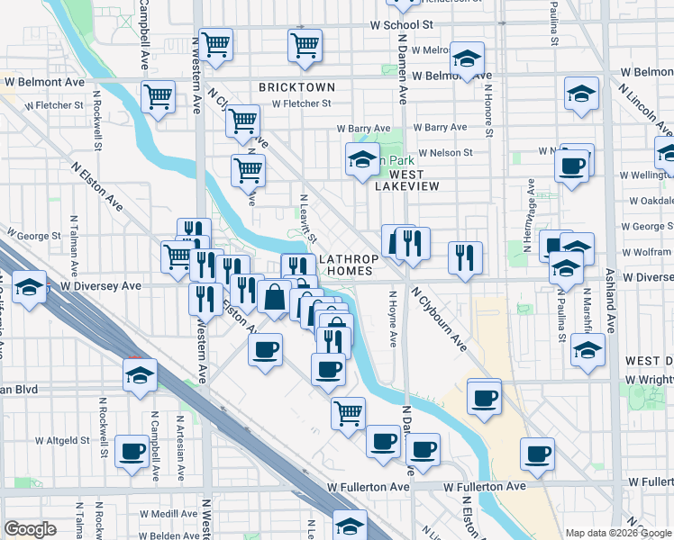 map of restaurants, bars, coffee shops, grocery stores, and more near 2801 North Leavitt Street in Chicago