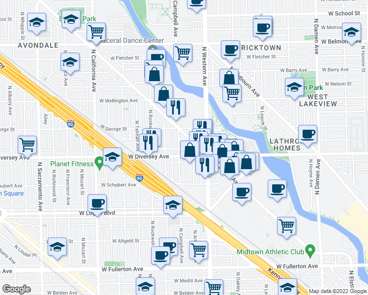 map of restaurants, bars, coffee shops, grocery stores, and more near 2450 West Diversey Avenue in Chicago