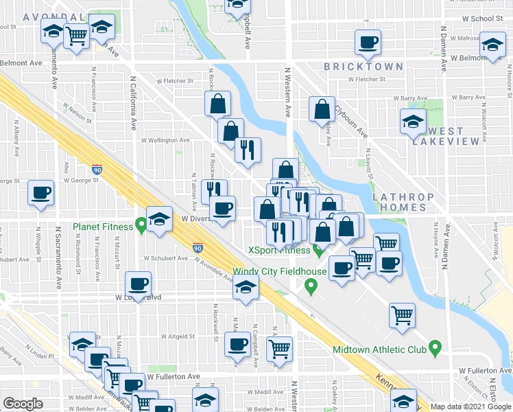 map of restaurants, bars, coffee shops, grocery stores, and more near 2450 West Diversey Avenue in Chicago