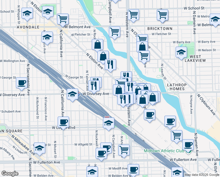 map of restaurants, bars, coffee shops, grocery stores, and more near 2450 West Diversey Avenue in Chicago