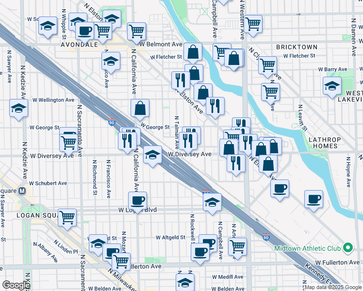 map of restaurants, bars, coffee shops, grocery stores, and more near 2602 West Diversey Avenue in Chicago