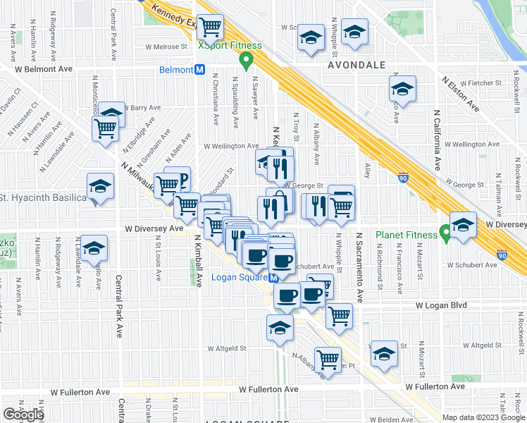 map of restaurants, bars, coffee shops, grocery stores, and more near 2814 North Kedzie Avenue in Chicago