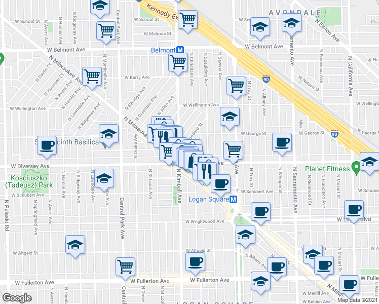 map of restaurants, bars, coffee shops, grocery stores, and more near 2817 North Christiana Avenue in Chicago