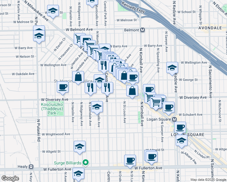 map of restaurants, bars, coffee shops, grocery stores, and more near 2819 North Central Park Avenue in Chicago