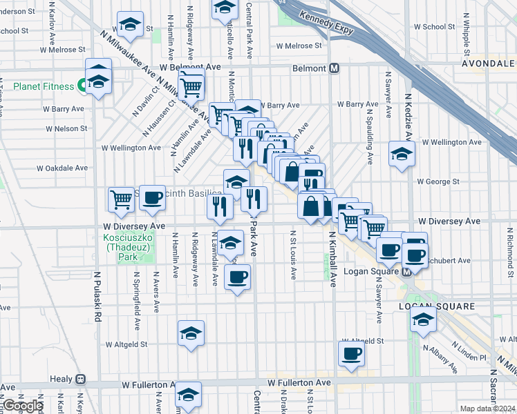 map of restaurants, bars, coffee shops, grocery stores, and more near 2819 North Central Park Avenue in Chicago