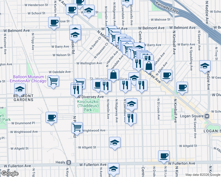 map of restaurants, bars, coffee shops, grocery stores, and more near 2823 North Hamlin Avenue in Chicago