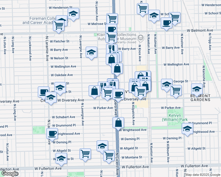 map of restaurants, bars, coffee shops, grocery stores, and more near 4800 West Wolfram Street in Chicago