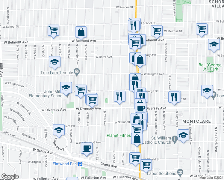 map of restaurants, bars, coffee shops, grocery stores, and more near 2847 North 73rd Court in Elmwood Park