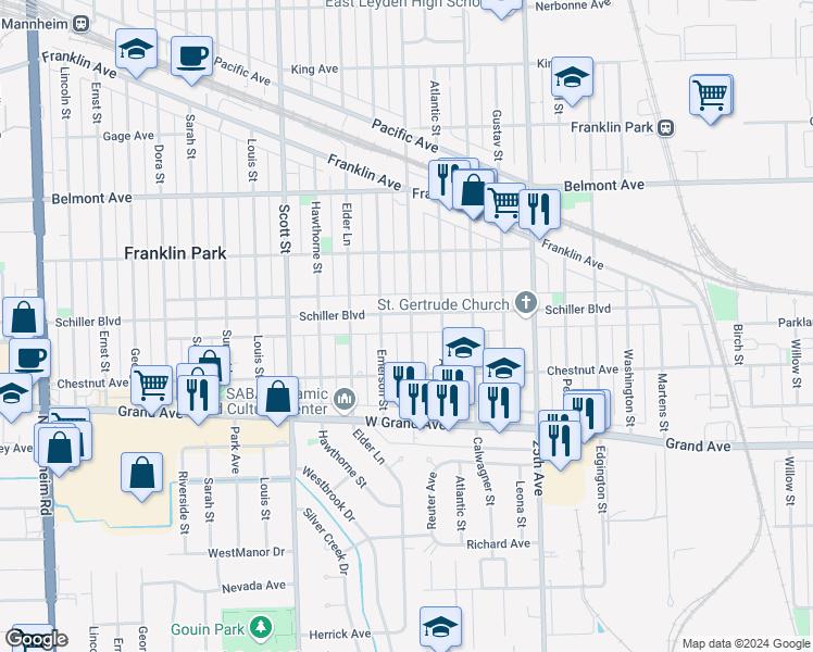 map of restaurants, bars, coffee shops, grocery stores, and more near 2933 Ruby Street in Franklin Park