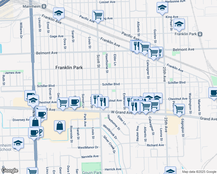 map of restaurants, bars, coffee shops, grocery stores, and more near 9903 Schiller Boulevard in Franklin Park