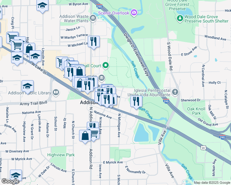 map of restaurants, bars, coffee shops, grocery stores, and more near 118 East North Avenue in Addison