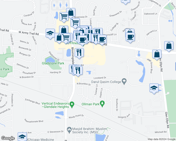 map of restaurants, bars, coffee shops, grocery stores, and more near 2014 Juniper Court in Glendale Heights