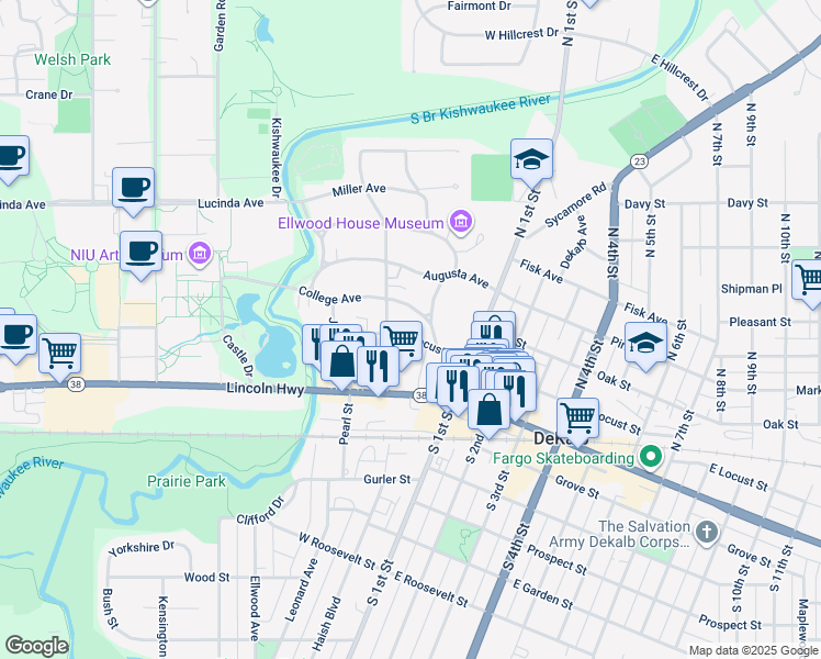map of restaurants, bars, coffee shops, grocery stores, and more near 154 Park Avenue in DeKalb