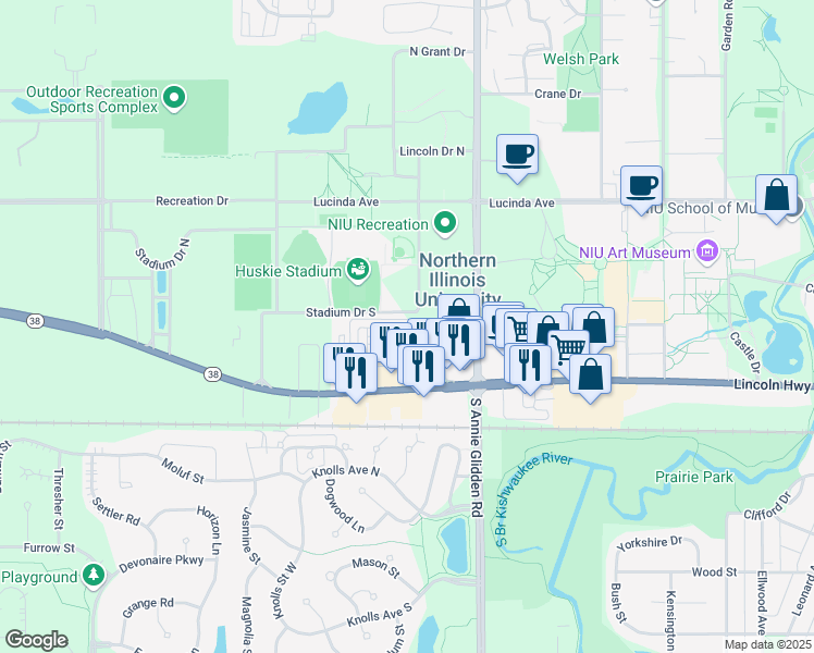 map of restaurants, bars, coffee shops, grocery stores, and more near 1245 Stadium Drive South in DeKalb