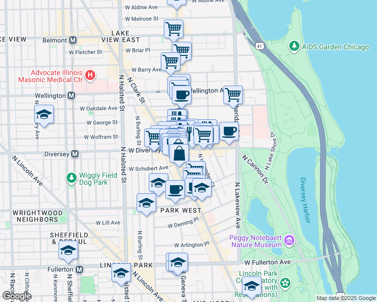 map of restaurants, bars, coffee shops, grocery stores, and more near 565 West Diversey Parkway in Chicago